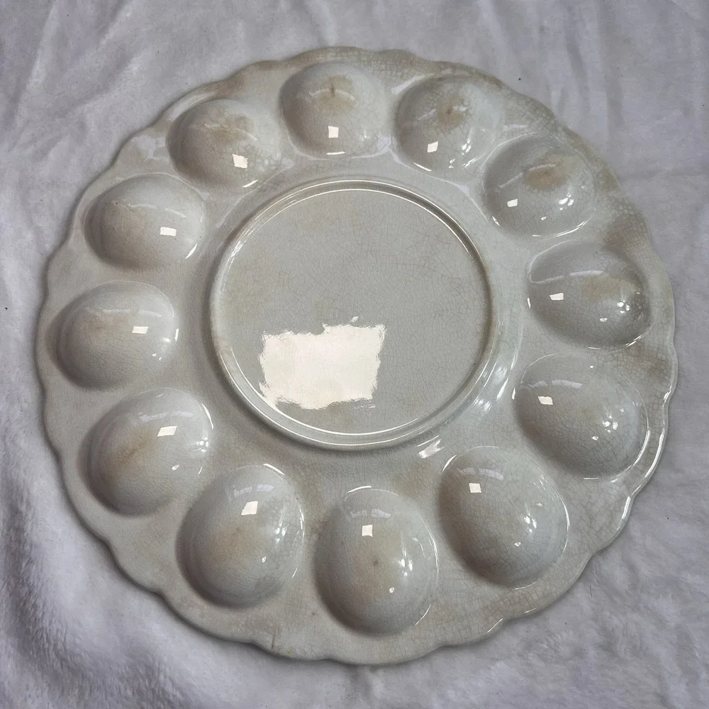 Vintage Ceramic Deviled Egg Platter 12 Egg Wine Cheese Grapes 9.25